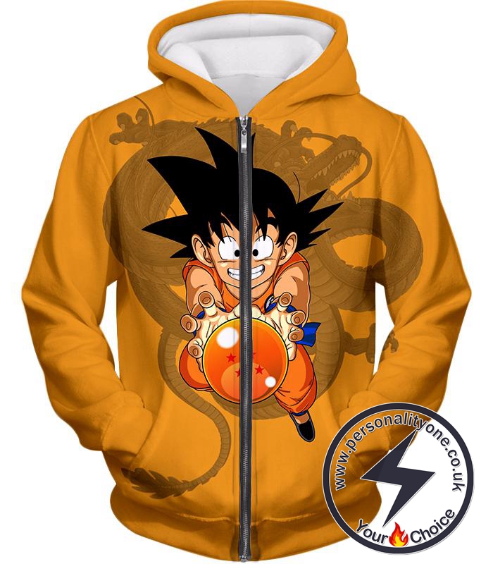 Dragon Ball Super Cute Kid Goku with Four Star Dragon Ball Cool Orange Anime Zip Up Hoodie